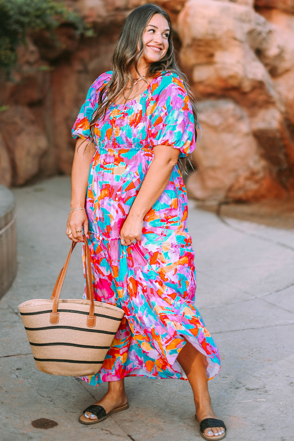 Multicolour Plus Size Floral Smocked Puff Sleeve Maxi Dress