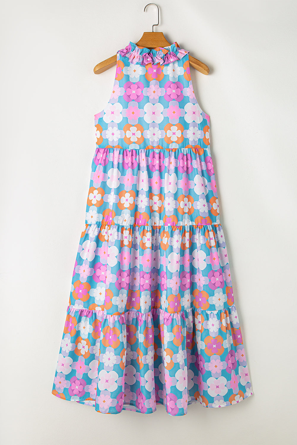 Sky Blue Floral Print Frilly Neck Sleeveless Tiered Maxi Dress