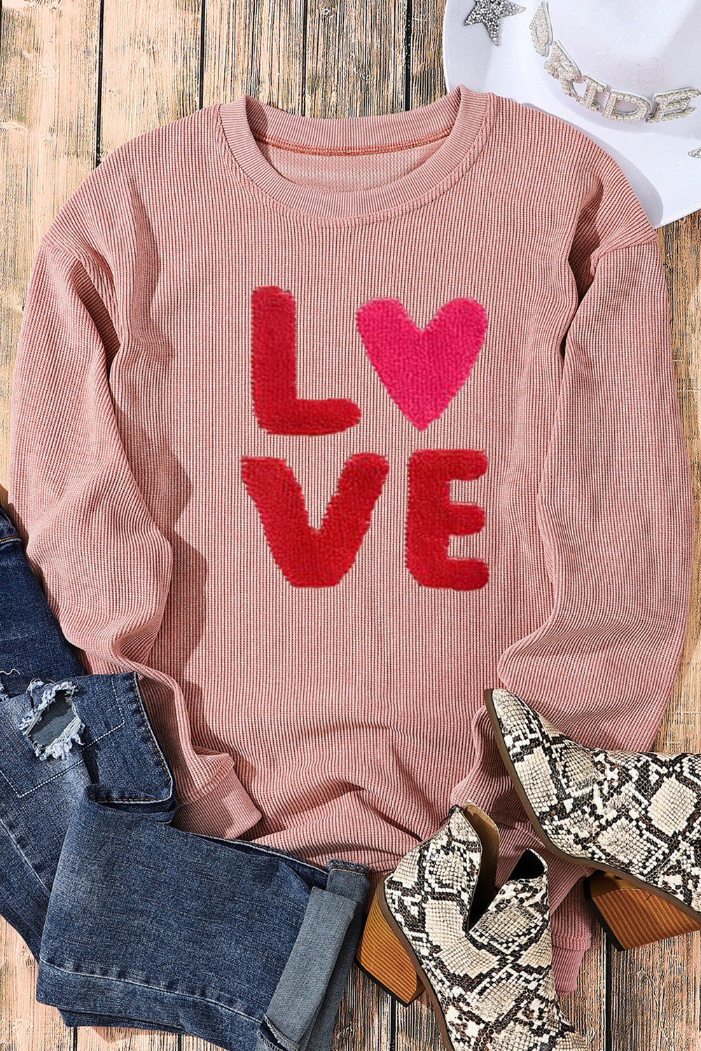 Pink Valentines LOVE Chenille Embroidered Corded Sweatshirt