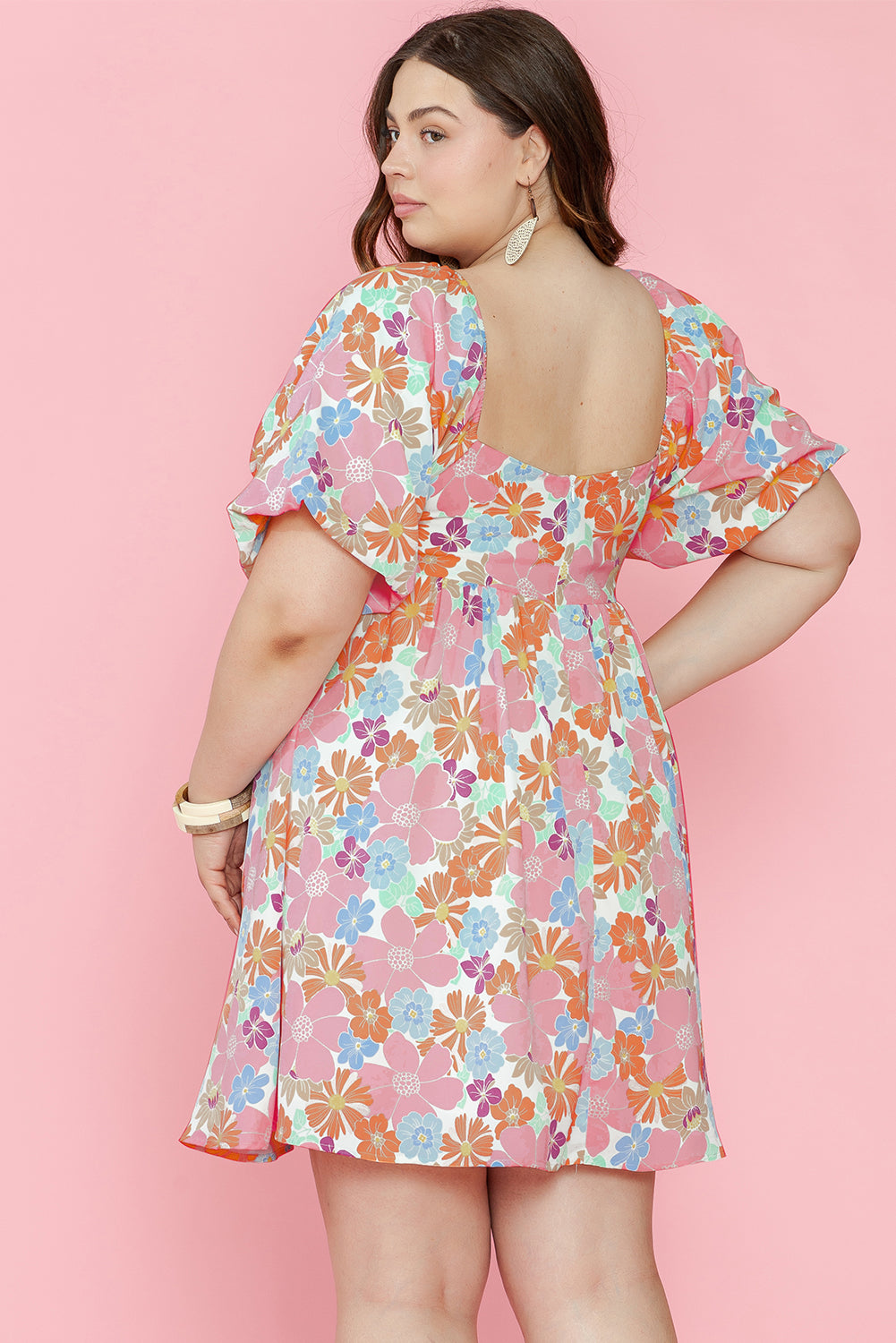 Multicolour Floral Puff Sleeve Square Neck Plus Babydoll Dress