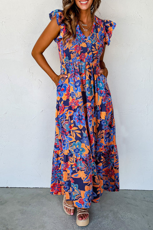 Dark Blue Boho Floral V Neck Ruffle Tiered Long Dress