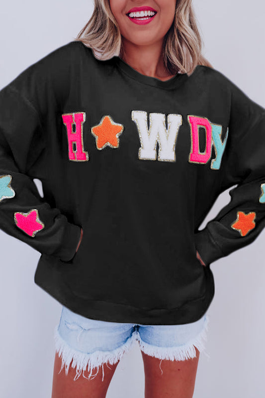 Black Howdy Glitter Chenille Patch Graphic Casual Sweatshirt