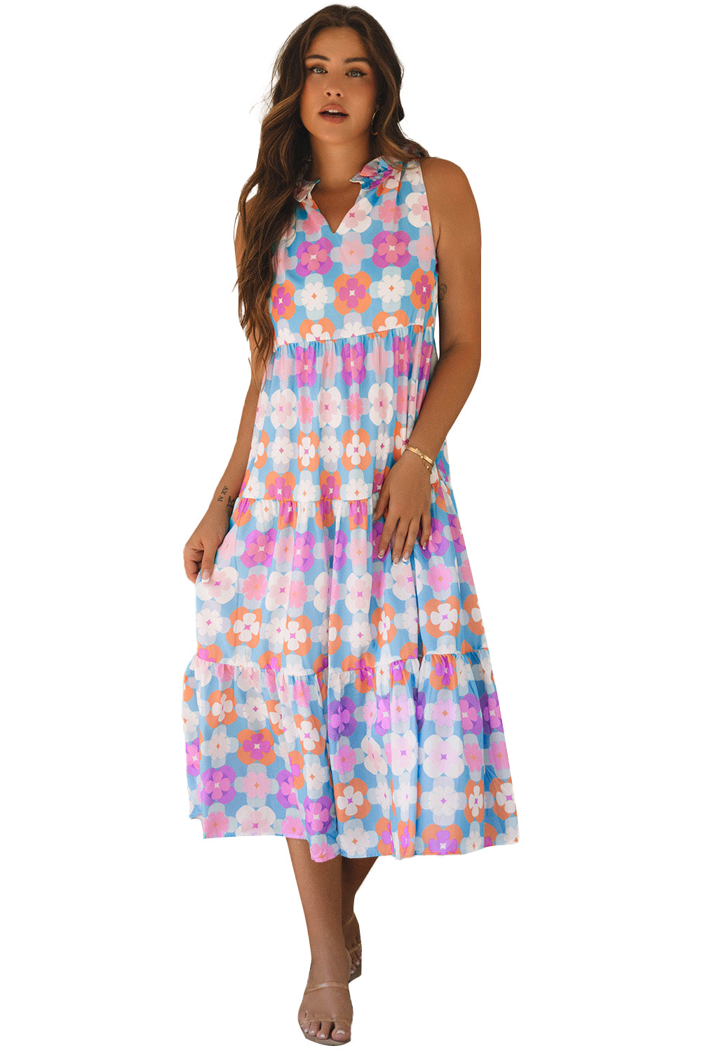 Sky Blue Floral Print Frilly Neck Sleeveless Tiered Maxi Dress