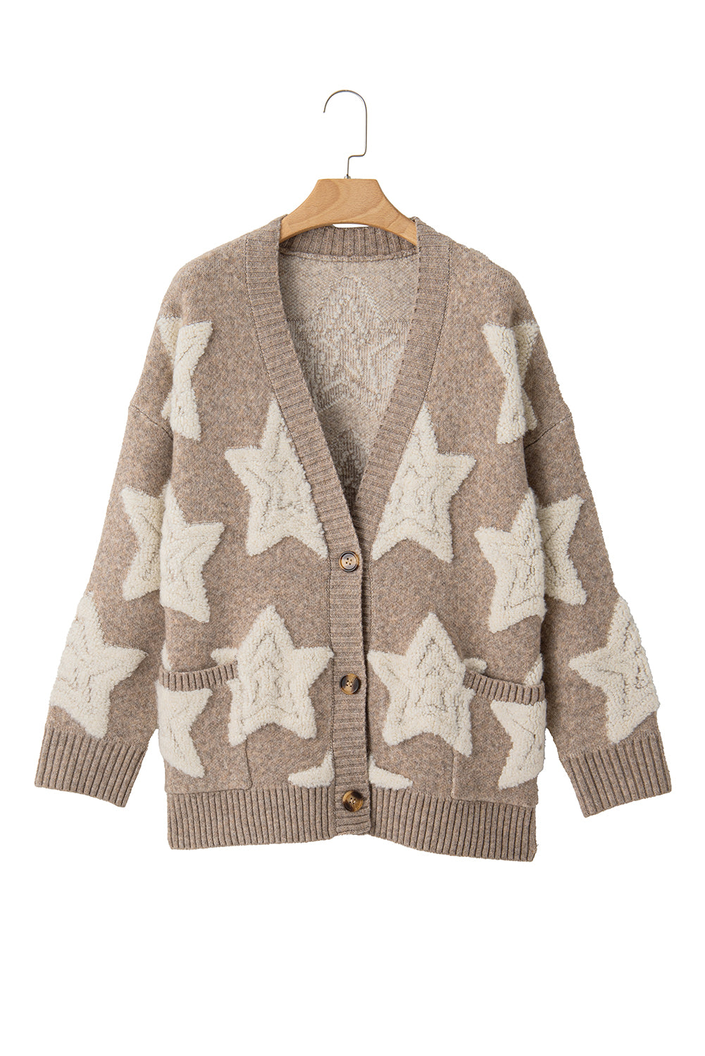 Khaki Sherpa Star Pattern Textured Sweater Cardigan with Pockets