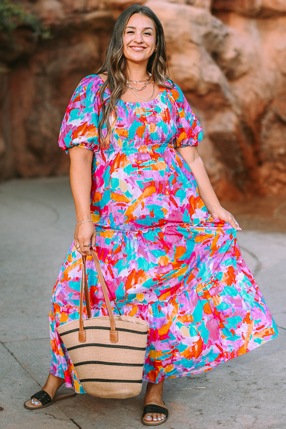 Multicolour Plus Size Floral Smocked Puff Sleeve Maxi Dress