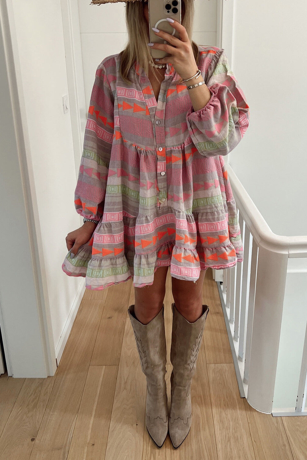 Multicolour Boho Print Puff Sleeve Buttoned Babydoll Dress