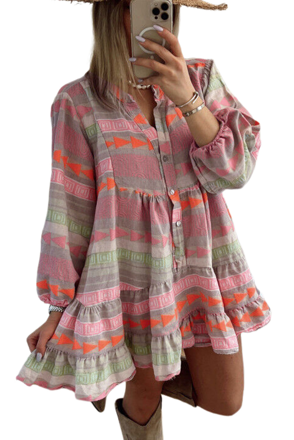 Multicolour Boho Print Puff Sleeve Buttoned Babydoll Dress