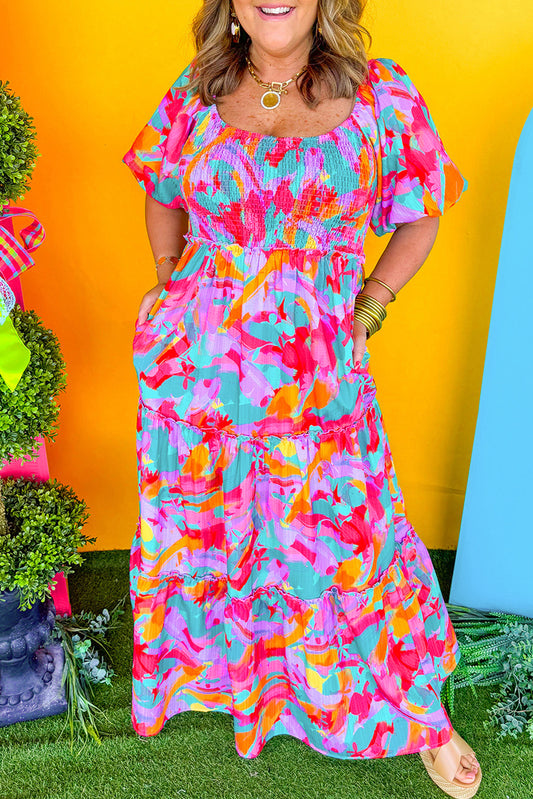 Multicolour Plus Size Floral Smocked Puff Sleeve Maxi Dress