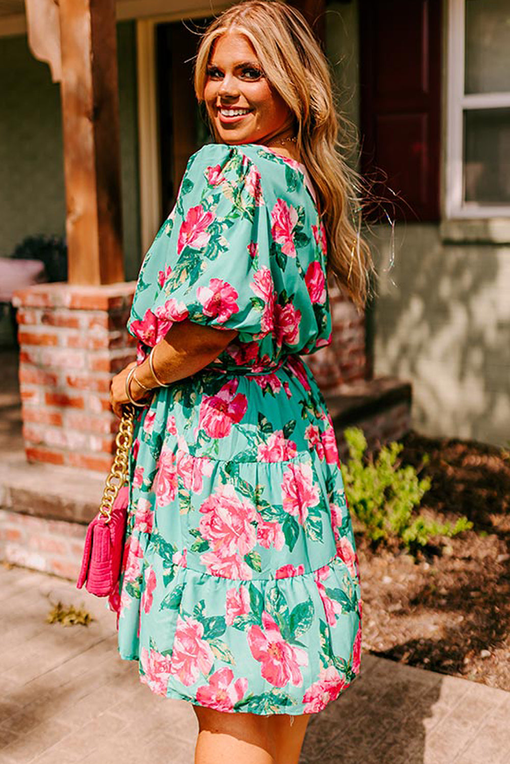 Green Floral Bubble Sleeve Surplice Ruffled Plus Size Dress