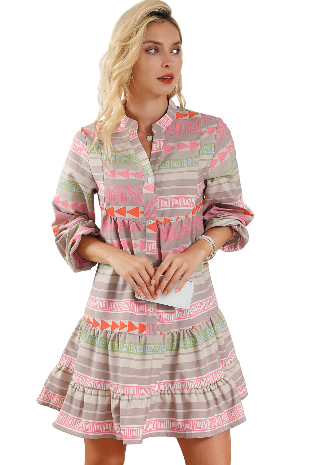 Multicolour Boho Print Puff Sleeve Buttoned Babydoll Dress