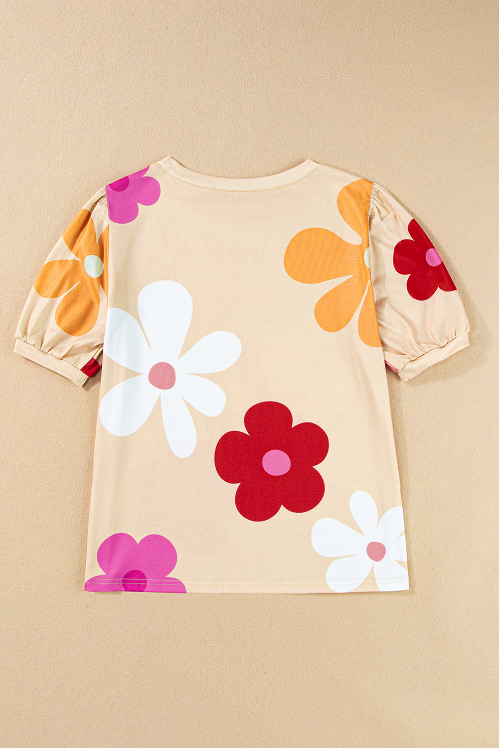 Sky Blue Colorful Flower Print Bubble Sleeve Tee