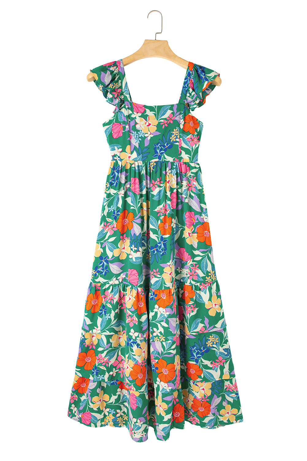 Green Floral Print Sleeveless Ruffle Tiered Maxi Dress