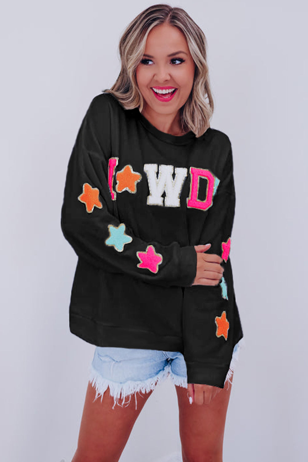 Black Howdy Glitter Chenille Patch Graphic Casual Sweatshirt