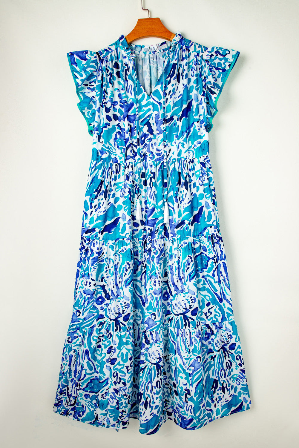 Sky Blue Plus Abstract Print Split Neck Ruffled Sleeve Tiered Long Dress