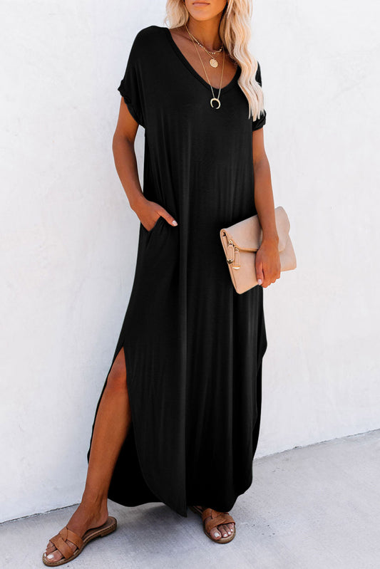 Black V Neck Hidden Pocket Splits Maxi T-shirt Dress