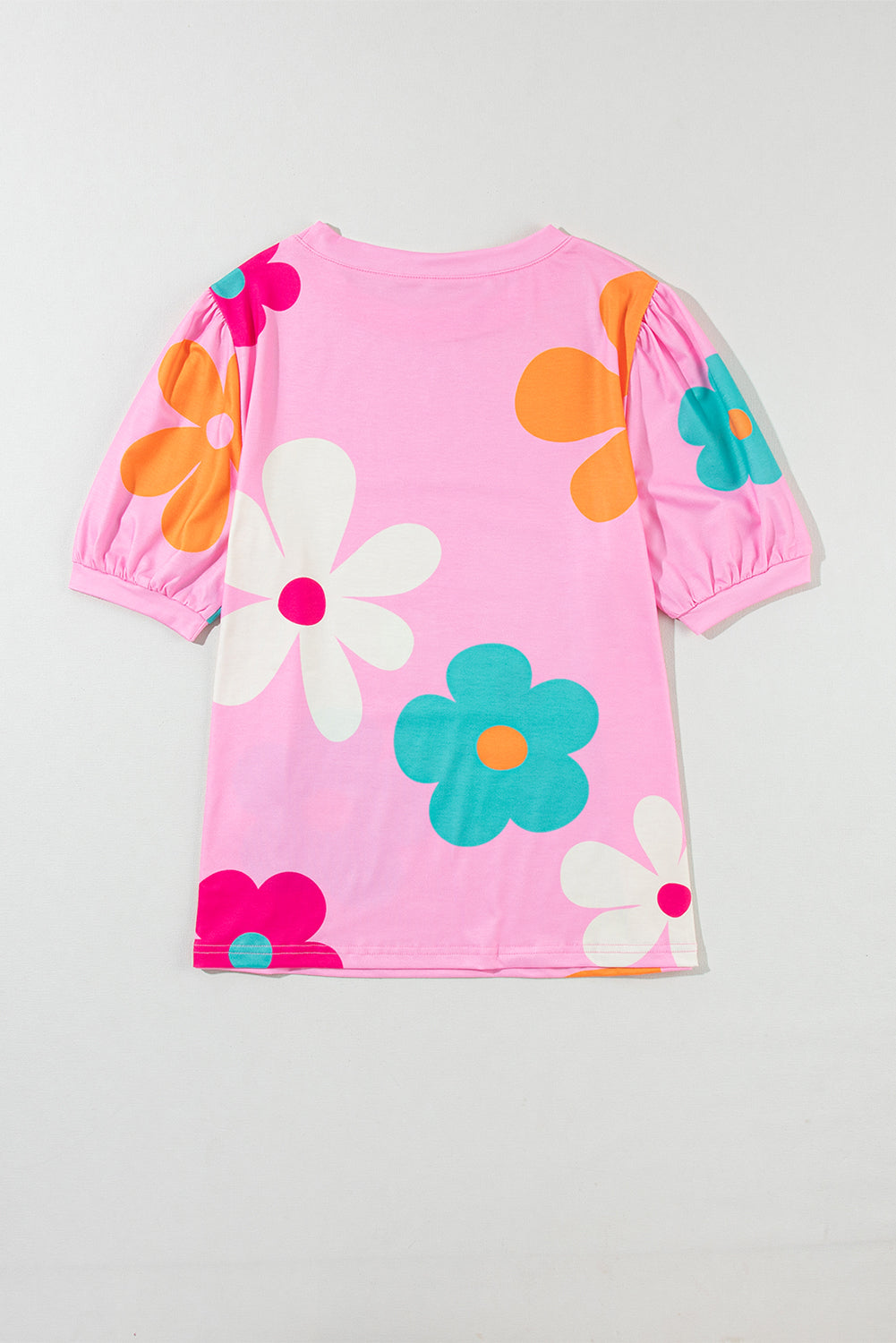 Sky Blue Colorful Flower Print Bubble Sleeve Tee