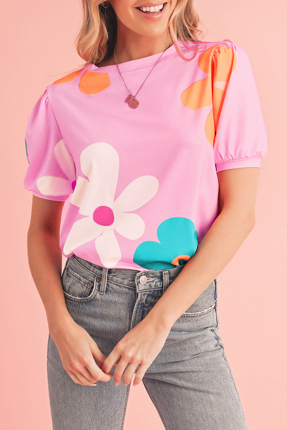 Sky Blue Colorful Flower Print Bubble Sleeve Tee