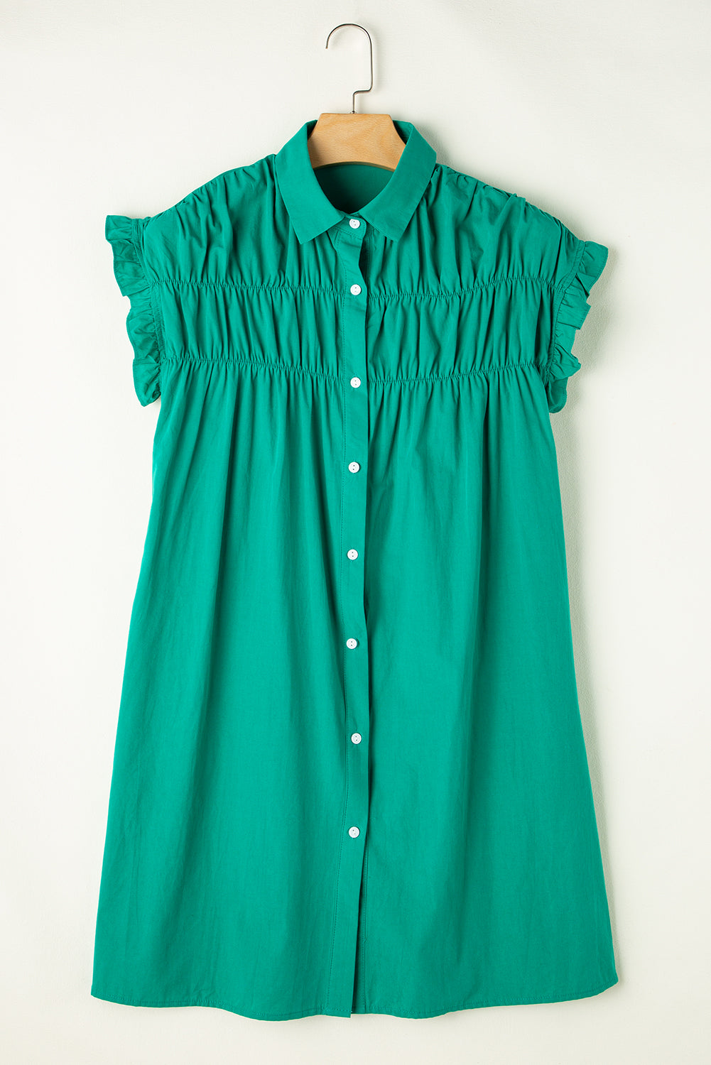 Bright Green Shirred Ruffle Sleeve Button Up Short Dress