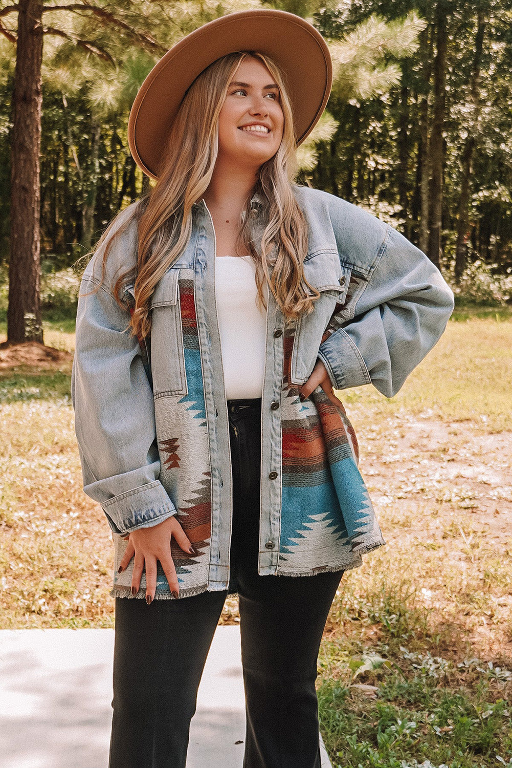 Sky Blue Plus Size Denim Aztec Jacket